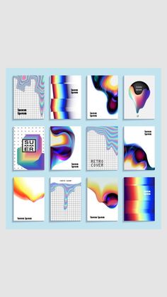 six different colored posters on a blue background, each with an abstract design in the middle