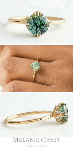 two different views of an engagement ring, one with a green stone and the other with a