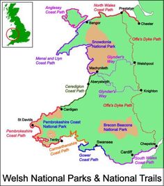 a map of wales showing the national parks and national trails, with their respective locations