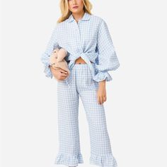 Never Worn Tags Attached Size S But Good For Possibly M Too So Chic Daily Sleeper, Blue Pyjamas, Blue Pajamas, Lounge Suit, Linen Lounge, Chic Loungewear, Designer Pajamas, Suit Blue, Pajama Dress