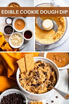 an edible cookie dough dip recipe with chocolate chips and peanut butter in the middle, then topped with graham crackers