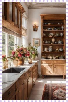 a kitchen filled with lots of wooden cabinets and counter top space next to a window