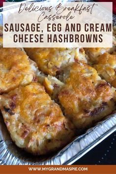 sausage, egg and cream cheese hashbrowns in a baking pan with text overlay