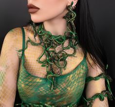 Handmade necklace and earrings with intertwined chrome-plated plastic snakes. The product is decorated with rhinestones on a metal ribbon, and also painted in green and black. Earrings, wand and necklaces with snakes go well together and are also great to wear separately... The products are very stylish, they will perfectly complement the costume for the image of the Gorgon Medusa or any gothic image for Halloween. 100% designed and handmade by our designers ( SETA Design studio in Kyiv). It wil Gorgon Costume, Green Snake Necklace, Gorgon Medusa, Medusa Necklace, Audrey Ii, Gothic Images, Medusa Gorgon, Happy Halloweenie, Necklace Snake