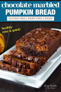 chocolate marbled pumpkin bread on a plate with text overlay that reads, chocolate marbled pumpkin bread