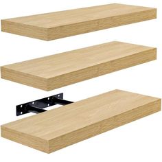 three wooden shelves with metal brackets on each side and one shelf above the other in different positions