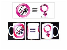 three different images of coffee mugs with the same logo on them, one has a fist