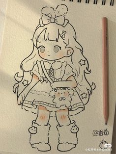 a drawing of a girl holding a teddy bear with a pencil in front of her