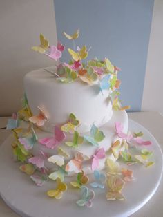 a white cake with butterflies on it and the words cakes with butterflies on them written below