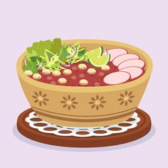 a bowl filled with lots of food on top of a wooden table next to a plate