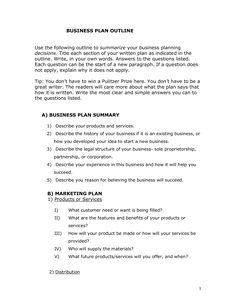 the business plan outline is shown in this document, and it contains information about how to use