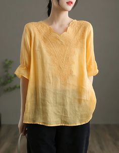 Women's Summer V-neck Ramie Shirt — Obiono Yellow Cotton Spring Tops, Yellow Cotton Tops For Spring, Yellow Casual Summer Tops, Casual Yellow Summer Tops, Yellow Crew Neck Blouse For Spring, Yellow Relaxed Fit Top For Summer, Casual Yellow Top For Spring, Yellow Blouse With Relaxed Fit And Short Sleeves, Yellow Half Sleeve Summer Blouse