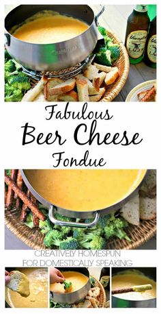 a collage of photos showing different types of cheese fondue, including broccoli and bread