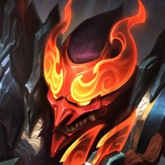 an image of a demon with flames on it's face and head, in front of some rocks