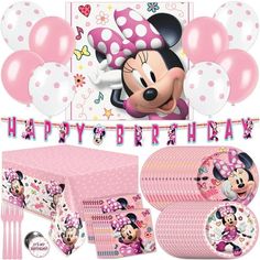 minnie mouse birthday party supplies including tableware and decorations