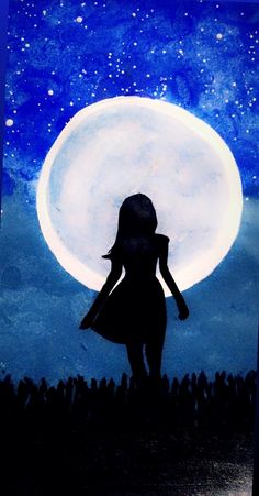 a painting of a girl standing in front of a full moon