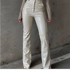 Tyra Croc Pants In Cream Size Xs Brand New Never Worn These Pants Are Long On Me So Would Fit Great If You’re Tall Or Tailor If You’re Short Croc Leather Pants, Cream Leather Pants, Indie Pants, White Leather Pants, High Waisted Flare Pants, Slacks Trousers, Satin Trousers, Leather Pants Women, Nike Tennis Dress