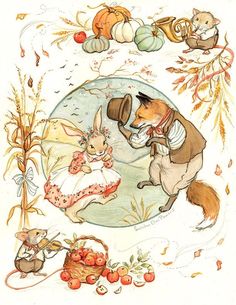 an illustration of a mouse and other animals playing in the grass with pumpkins, corn