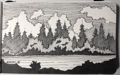 a black and white drawing of trees in the distance with clouds above them on a piece of paper