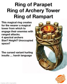 an advertisement for ring of archery tower ring of rampart, with instructions on how to use it