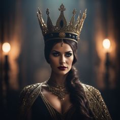 a woman wearing a gold crown and black dress with long hair in a dark room