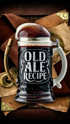 an old ale recipe beer mug on top of a piece of leather