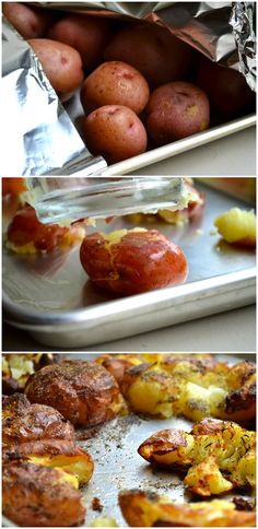 there are potatoes and other food items in the pans on the table, along with some foil wrapped around them