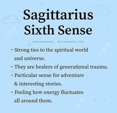 a blue background with the words sagittarius sixth sense and other things on it