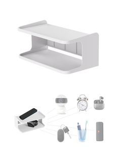 a white shelf with various objects surrounding it