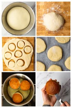 four pictures showing different stages of dough being made and then put into pie crusts