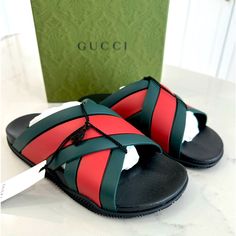 Brand New In Box. 100% Authentic Gucci Rubber Web Striped Sandals Size 36 Style 627820 J8700 8460 Color- Black Red/Green Amazing And Comfortable Beyond Belief. This Rubber Sandal Clearly Says Gucci! Comes Exactly As Shown In Photos. Includes Original Box, Dustbags And Papers. Gucci Boots Women, Pink Gucci Slides, Gucci Platform Sandals, Gucci Princetown Slipper, Gucci Boots, Blue Flip Flops, Gucci Heels, Leather Knee Boots, Velvet Loafers