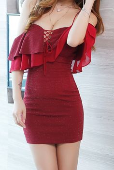 Red Ruffled Mini Dress, Trendy Ruffled Mini Dress For Party, Trendy Mini Dress With Ruffles For Party, Flirty Red Mini Dress With Ruffles, Knee-length Ruffled Mini Dress For Party Season, Red Ruffled Mini Dress For Party Season, Red Ruffled Bodycon Dress For Night Out, Club Dresses Nightclub Classy, Hot Club Outfits Night Dresses