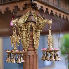 Parrot Hanging Diya & Bell - Shanku & Chakra (Set is 2) - Brass Wall Hanging - Decorative Antique finish - Crafts N Chisel - Indian Home Decor USA Brass Decor Indian, Hanging Diya, Mandir Decor, Brass Utensils, Temple Room, Puja Mandir, Temple House, Brass Decoration, Vintage Brass Decor