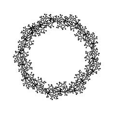 a black and white drawing of a wreath with berries on it's sides, in the shape of a circle