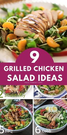 grilled chicken salad with different vegetables and dressings