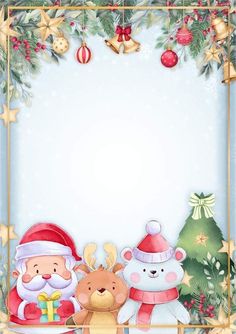 a christmas card with santa, reindeer and other holiday items on it's border