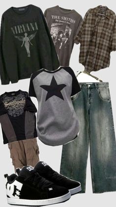 #grunge #grungeaesthetic #grungeclothes #outfitinspo Midwest Grunge Outfit, Actual Grunge Outfits, Simple Grunge Outfits For School, Nirvana Inspired Outfits, Men’s Grunge, Grunge Clothes Ideas, Rainy Day Outfit Grunge, Grunge Outfits 90s Winter, Grafic Tee Outfit