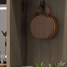 a brown purse hanging on the wall next to a potted plant and other items