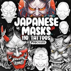 japanese masks with different facial expressions on the front and back cover for an art book