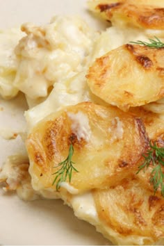 potatoes with herbs and cream on a white plate