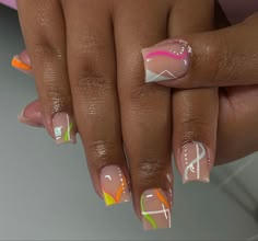 Abstract Short Square Nails, Short Arclyc Nail Ideas Square, Fancy Short Nail Designs, Cute Short Nail Sets Summer, Short Mail Designed, Artsy Acrylic Nails, Shortie Nails Designs, Shorties Nails Square Design, Creative Short Nails