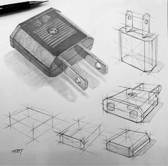 sketches of electronic devices, including a pen and ink on paper with pencil drawing technique