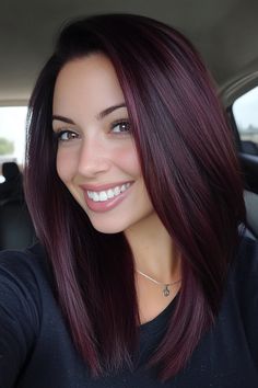 Best Hair Color For Straight Hair, Fall Hair Color Ideas 2024, Short Cherry Red Hair, Hair Color Ideas Winter, Dark Hair With Red, Straight Lob, Straight Red Hair, Black Cherry Hair Color, Black Cherry Hair