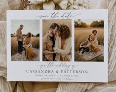 save the date card with three photos on it and an image of two people hugging each other