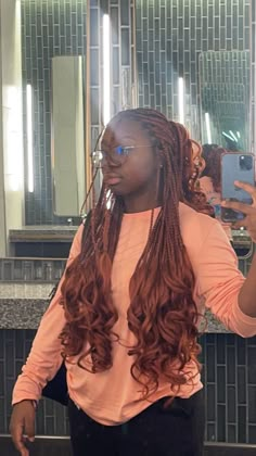 Dark Skin With Brown Braids, Honey Brown Braids On Dark Skin, Braid Colours For Dark Skin, Ginger Braids On Dark Skin, Copper Brown Braids, Ginger Protective Styles, Ginger Braids Dark Skin, Dark Ginger Braids, Copper And Blonde Braids