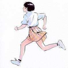 a drawing of a woman running in a skirt and t - shirt, with her hair pulled back