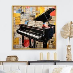 a piano with sheet music on it in a living room next to a white couch