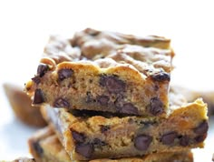 chocolate chip cookie bars stacked on top of each other