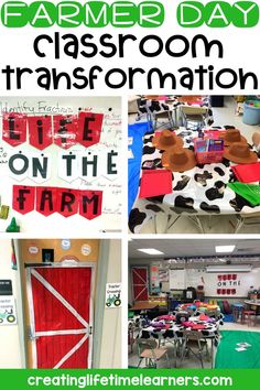 This picture shows a classroom decorated for a farmer classroom transformation day and has decorations to go with it. It shows a classroom with cow-themed cover on the table and a barn banner at the front door. Farm Math Activities, Farm Man, Detective Themed Classroom, Farm Kindergarten, Steam Activities Elementary, Preschool Classroom Themes