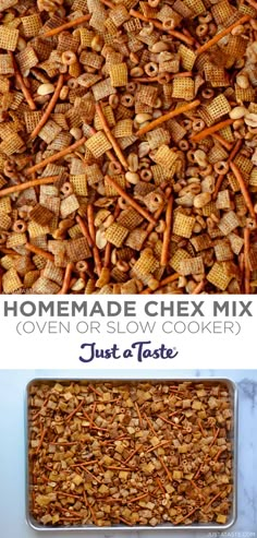 homemade chex mix in a baking pan with the words just tater next to it